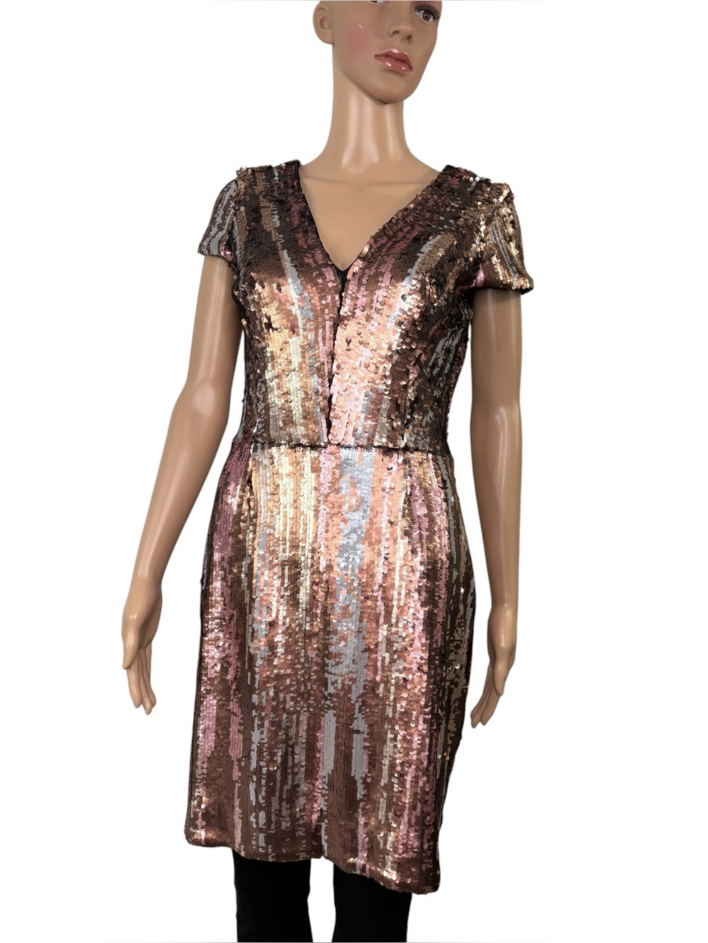 Dress The Population Zoe dress in metallic rose gold and bronze sequins size L